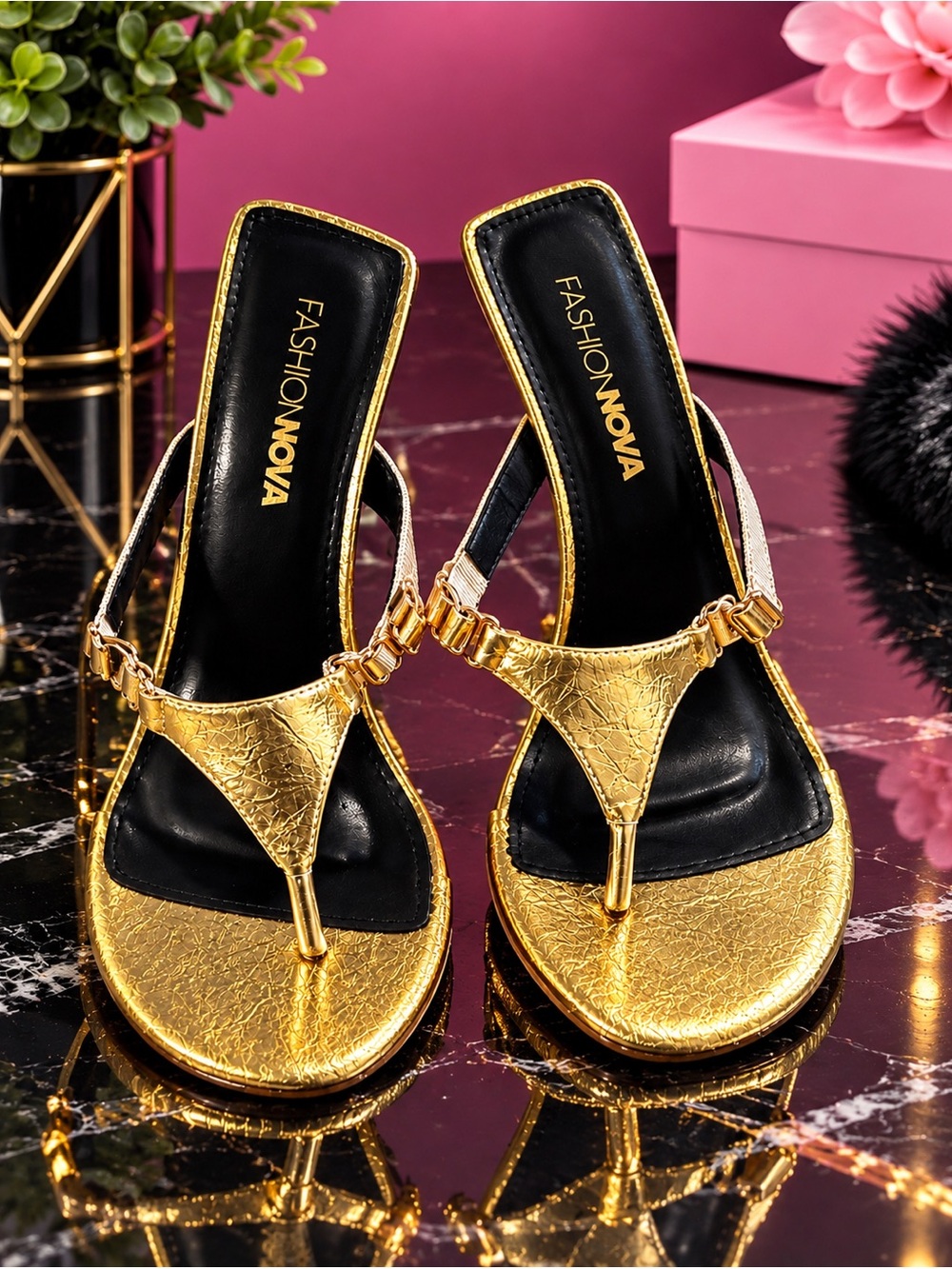 Fashion Nova Metallic Gold Thong Heel Sandals